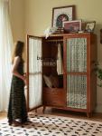 A57 French retro solid wood wardrobe double door gauze curtain glass cabinet bedroom home storage large wardrobe