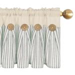 ASPMIZ Cotton Linen Kitchen Valance Curtains, Boho Rustic Button Linen Valances for Windows Farmhouse, Green Stripe Valance Window Treatment Tiers, Rod Pocket Window Valances for Cafe, 52 x 18 Inch