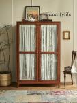 French solid wood wardrobe retro bedroom home hanging clothes large capacity wardrobe double door gauze curtain glass cabinet