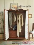 French solid wood wardrobe retro bedroom home hanging clothes large capacity wardrobe double door gauze curtain glass cabinet