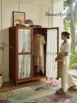 French solid wood wardrobe retro bedroom home hanging clothes large capacity wardrobe double door gauze curtain glass cabinet