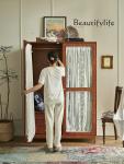 French solid wood wardrobe retro bedroom home hanging clothes large capacity wardrobe double door gauze curtain glass cabinet