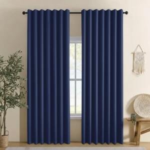 CYCMACO Blue Linen 100% Blackout Curtains for Bedroom, Black Out Curtains 84 Inch Long 2 Panels Set, Back Tab/Rod Pocket Curtain for Living Room, Energy Efficient Curtain(52" W X 84" L, Navy Blue)