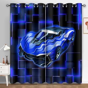 HIYSMT Race Car Curtains,Racing Blue Sports Car Curtain,4284inch Black Blue Geometric Checkered Blackout Window Drapes for Boy Bedroom Game Room 2Panels HILC07