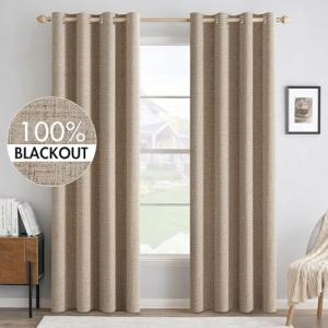 MIULEE 100% Blackout Linen Textured Curtains for Bedroom Solid Thermal Insulated Copper Brown Grommet Room Darkening Curtains & Drapes Luxury Decor for Living Room Nursery 52 x 84 Inch (2 Panels)