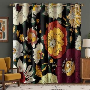 NICETOWN Black Boho Floral Curtains 100% Blackout for Living Room Bedroom 84 Inches Long 2 Panels Fall Botanical Drapes Grommet Thermal Insulated Vintage Flower Pattern Printed Window Treatment, 52"W