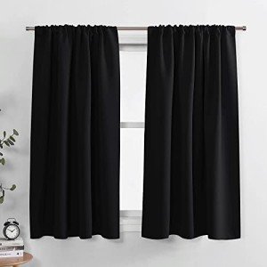 PONY DANCE Black Short Blackout Curtains for Kitchen Over Sink 45 inch Long, Thermal Insulated Black Out Curtain for Bedroom, Rod Pocket Drapes for Bathroom Small Window(2 Panels Set, 42 inches Wide)