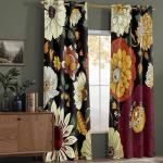 NICETOWN Black Boho Floral Curtains 100% Blackout for Living Room Bedroom 84 Inches Long 2 Panels Fall Botanical Drapes Grommet Thermal Insulated Vintage Flower Pattern Printed Window Treatment, 52"W