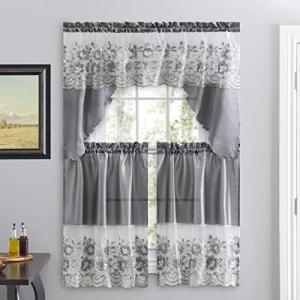 American Linen 3 Piece Sequin Embroidered Window Curtain Set – Valance and Tiers – Kitchen, Living Room, or Bathroom Curtains