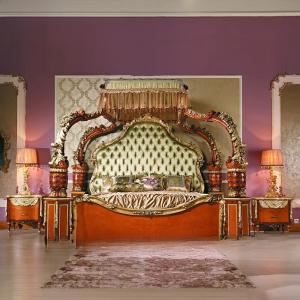 Italian Louvre Deluxe Solid Wood Double Bed Princess Style with Fabric Curtains Palace or Master Bedroom European Bed Frame