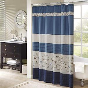 Madison Park Serene Shower Curtain Faux Silk Embroidered Floral Machine Washable Modern Home Bathroom Decorations, 72 x 72 in, Navy