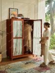 French solid wood wardrobe retro bedroom home hanging clothes large capacity wardrobe double door gauze curtain glass cabinet