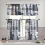Lnond Grey Brown Kitchen Curtains and Valances Set,52x36 Inch Semi-Sheer Rod Pocket Kitchen Curtain Valance and Tiers Set, 3 Pcs Abstract Art Kitchen Decor Small Cafe Curtains Bathroom Curtain