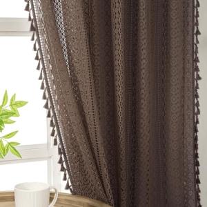 WAZZIO Chocolate Brown Sheer Curtains Rod Pocket Tassel Boho Crochet Lace Curtains 84 Inch Length 2 Panels for Bedroom Living Room See Through Privacy Drapes