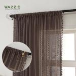 WAZZIO Chocolate Brown Sheer Curtains Rod Pocket Tassel Boho Crochet Lace Curtains 84 Inch Length 2 Panels for Bedroom Living Room See Through Privacy Drapes