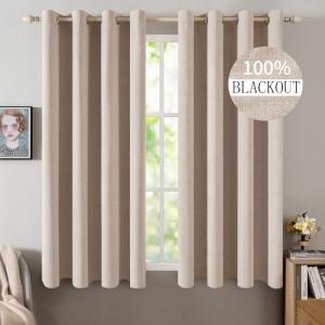 MIULEE Linen Textured Curtains for Bedroom Solid 100% Blackout Thermal Insulated Natural Beige Grommet Room Darkening Curtains & Drapes Luxury Decor for Living Room Nursery 52 x 63 Inch (2 Panels)