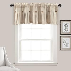 Lush Decor Linen Button Farmhouse Valance, 52" W x 18" L, Dark Linen - Kitchen Curtains Valances, Rustic Color Block Design With Husk Button