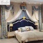 European Palace Bed Valance Velvet Embroidery Luxury Curtains for Living Room Bedroom Dining Blue White Tulle Window Custom Size