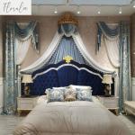 European Palace Bed Valance Velvet Embroidery Luxury Curtains for Living Room Bedroom Dining Blue White Tulle Window Custom Size