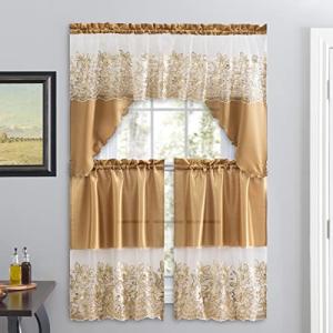 American Linen 3 Piece Sequin Embroidered Window Curtain Set – Valance and Tiers – Kitchen, Living Room, or Bathroom Curtains
