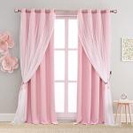 SOFJAGETQ Double Layered Blackout Pink Curtains 2 Panels - Princess Cute and Girly Draperies for Bedroom Living Room Nursery Pink Lace Hem Room Darkening Curtains, 52x84 inches