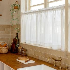 Jilron Short Kitchen Curtains Sheer Cafe Curtain with White Stripe Pattern for Window Over Sink, Privacy & Decorative Kitchen Blinds (White-25 W x 24" L-2 Panels)