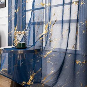 Sutuo Home Marble Sheer Curtains 84 Inch Length, Gold Foil Print Metallic Bronzing, Privacy Window Treatment Abstract Drape Pair 2 Panels Set for Bedroom Kitchen Living Room 52" W x 84" L, Navy Blue