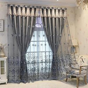 Amidoudou 1 Pair European Double Layer Curtains for Living Room Bedroom Luxury Flower Embroidered Curtains with Valance (Grey,54x84 Inch)