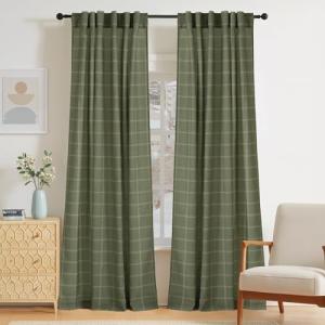 NICETOWN Linen Plaid Curtains Modern Window Panels Moss Green Check Tartan Light Filtering Curtains for Living Room Bedroom, Rod Pocket Back Tab, 2 Panels, 52 inch Wide x 84 inch Long