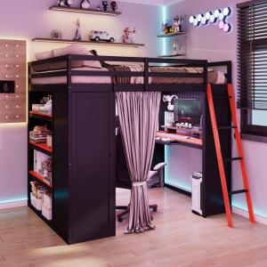 Full Size Loft Bed with Wardrobe, Shelves, Blackout Curtains, and RGB Lights in Black and Red