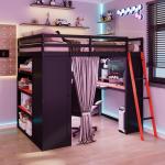 Full Size Loft Bed with Wardrobe, Shelves, Blackout Curtains, and RGB Lights in Black and Red