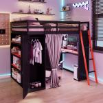 Full Size Loft Bed with Wardrobe, Shelves, Blackout Curtains, and RGB Lights in Black and Red