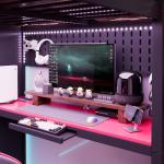 Full Size Loft Bed with Wardrobe, Shelves, Blackout Curtains, and RGB Lights in Black and Red