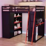 Full Size Loft Bed with Wardrobe, Shelves, Blackout Curtains, and RGB Lights in Black and Red