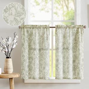 jinchan Floral Kitchen Curtains for Windows 24 Inch Linen Tier Farmhouse Cafe Curtains Country Botanic Small Window Rod Pocket Rustic Flax for Laundry Bathroom RV 2 Panels Sage Green on Beige