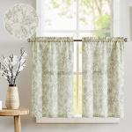 jinchan Floral Kitchen Curtains for Windows 24 Inch Linen Tier Farmhouse Cafe Curtains Country Botanic Small Window Rod Pocket Rustic Flax for Laundry Bathroom RV 2 Panels Sage Green on Beige