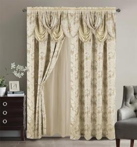 GLORY RUGS Jacquard Luxury Window 2 Panel Set Beige Curtain with Attached Valance and Backing Bedroom Living Room Dining 2 Curtains 55x84 inches Each Jana
