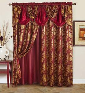 GLORY RUGS Jacquard Luxury Window 2 Panel Set Burgundy Gold Curtain with Attached Valance and Backing Bedroom Living Room Dining 2 Curtains 55x84 inches Each Jana