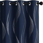 Deconovo Blackout Curtains - Silver Wave Print, Thermal Insulated, Noise Reducing, Privacy Drapes for Bedroom & Living Room (52W x 84L Inch, Navy Blue, 2 Panels)