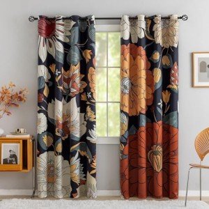 Tyrot Black Boho Floral 100% Blackout Curtains for Bedroom 84 inch Long 2 Panels Mid Century Botanical Black Out Curtains for Living Room Grommet Thermal Insulated Room Darkening Window Drapes,52Wx84L