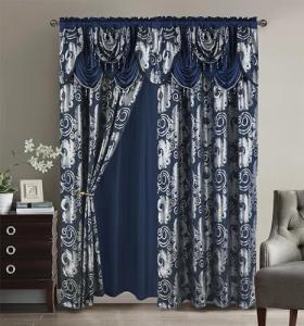 GLORY RUGS Jacquard Luxury Window 2 Panel Set Navy Curtain with Attached Valance and Backing Bedroom Living Room Dining 2 Curtains 55x84 inches Each Jana