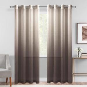 DWCN Faux Linen Ombre Sheer Curtains - Gradient Semi Voile Grommet Top Window Curtains for Bedroom and Living Room, Set of 2 Panels, 52 x 84 Inches Long, Chocolate Brown