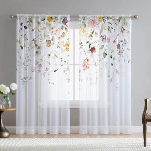 Fereyis Floral Sheer Curtains for Living Room 84 inch Length 2 Panels Set Elegant Butterfly Spring Flower Printed Window Curtain Chiffon Drapes for Bedroom