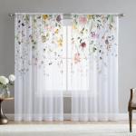 Fereyis Floral Sheer Curtains for Living Room 84 inch Length 2 Panels Set Elegant Butterfly Spring Flower Printed Window Curtain Chiffon Drapes for Bedroom