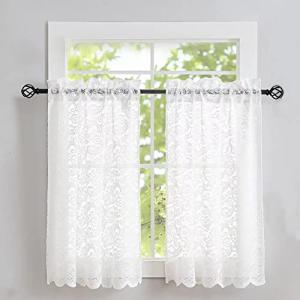 ALIGOGO Lace Kitchen Curtains 36 inches Length 2 Panels - Retro White Kitchen Window Curtains Over Sink Lace Curtains Short for Small Window Bathroom Window Cabinet Laundry Room Decor 26W x 36L