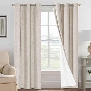 H.VERSAILTEX Blackout Linen Curtains, 100% Blackout Drapes Textured Blackout Curtains with White Thermal Insulated Liner, Grommet Top Curtains Living Room (2 Panels, 42 x 84 Inch, Natural)