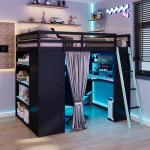 Full Size Wood Loft Bed with Wardrobe, Shelves, Blackout Curtains, and RGB Lights in Black and Blue