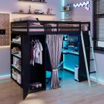 Full Size Wood Loft Bed with Wardrobe, Shelves, Blackout Curtains, and RGB Lights in Black and Blue