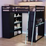 Full Size Wood Loft Bed with Wardrobe, Shelves, Blackout Curtains, and RGB Lights in Black and Blue