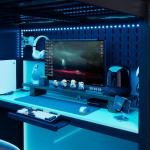 Full Size Wood Loft Bed with Wardrobe, Shelves, Blackout Curtains, and RGB Lights in Black and Blue